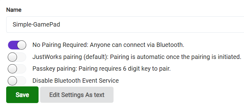 MakeCode Bluetooth settings — No Pairing Required selected
